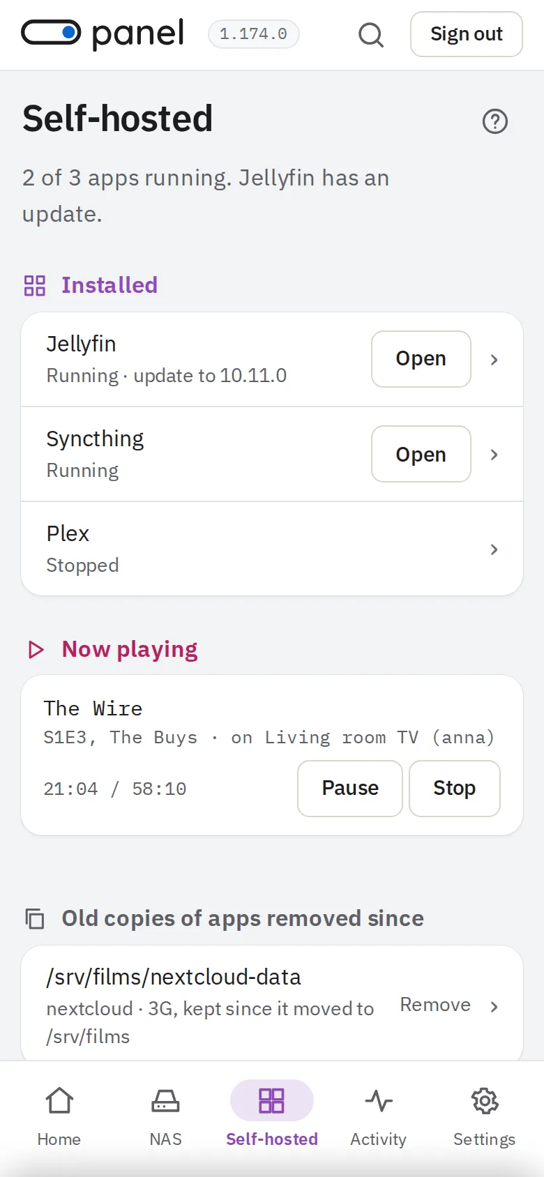 The Self-hosted page on a phone: Jellyfin, Syncthing and Plex, and what is playing.