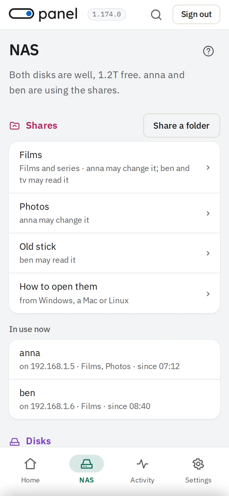 The NAS page on a phone: the shares, who is using them now, and the disks.