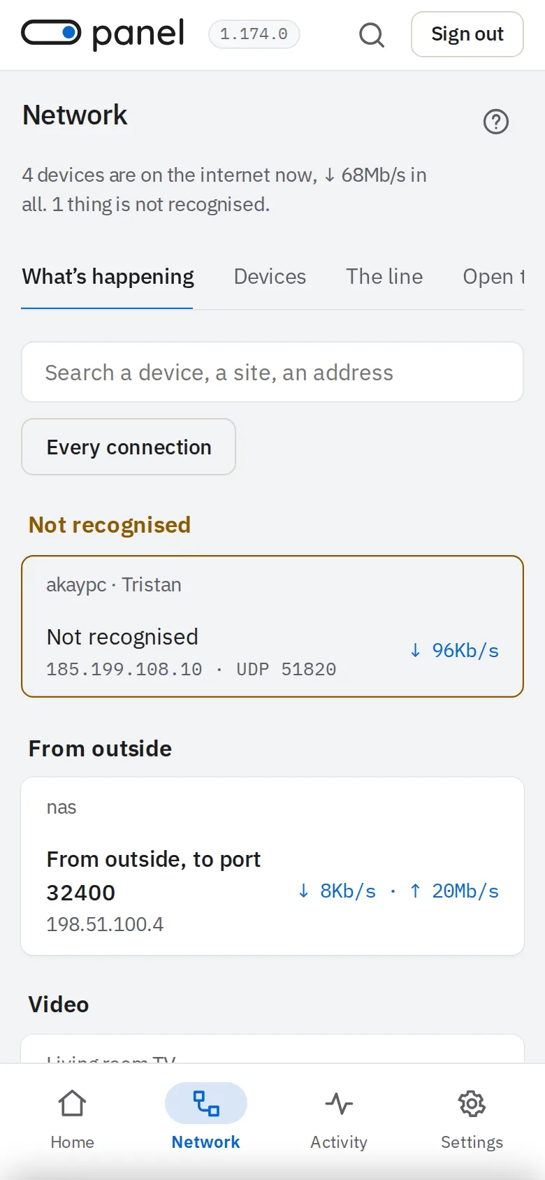 The Network page on a phone: what each device is doing, the unrecognised first.